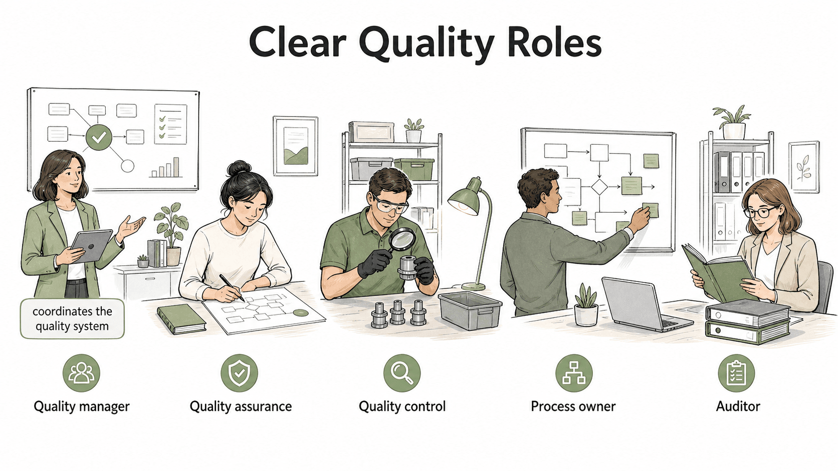Quality works best when a manager coordinates the system while QA, QC, process owners, and auditors have clear ownership.