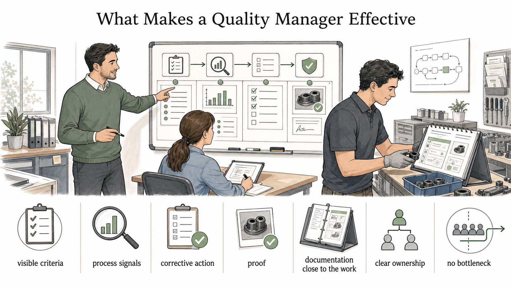 Effective quality managers turn trends and missed steps into visible criteria, corrective action, proof, and improvement.
