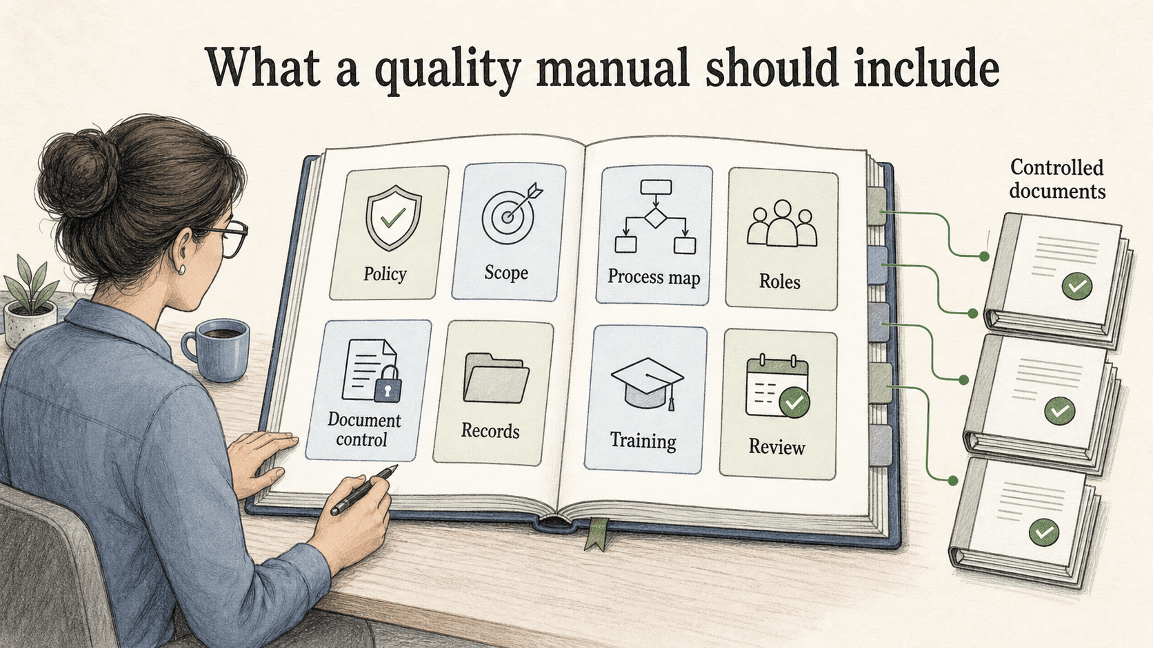 A useful quality manual organizes the quality system, then points to the controlled documents that hold detailed procedures.