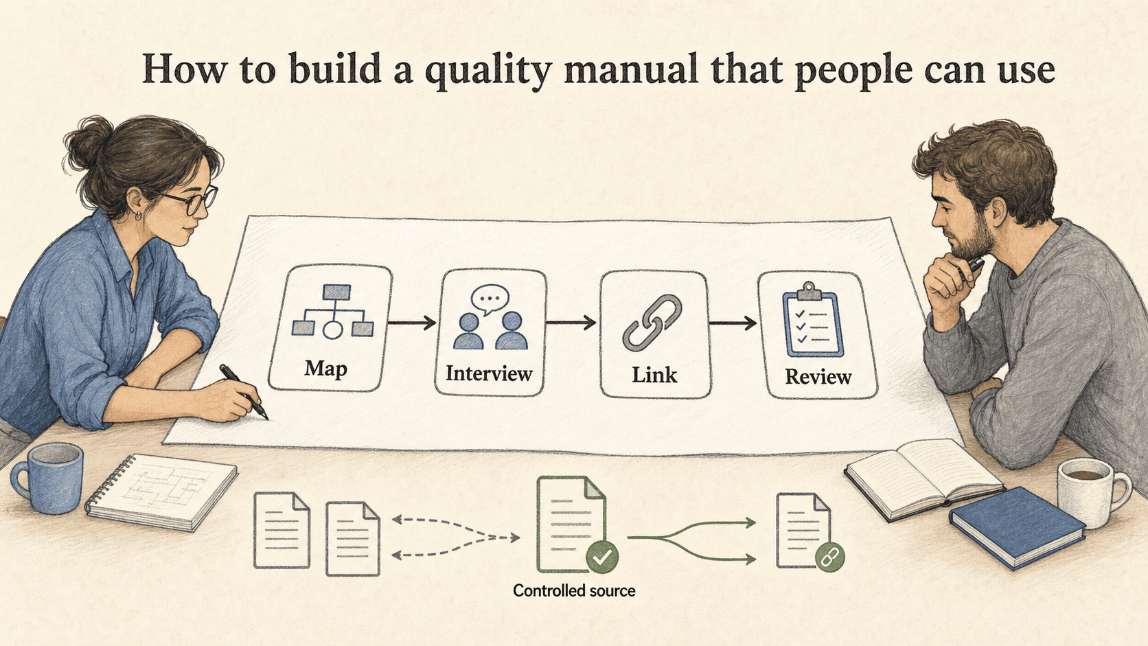Build the manual around the real system: map the work, talk to owners, link controlled sources, and keep the structure reviewed.
