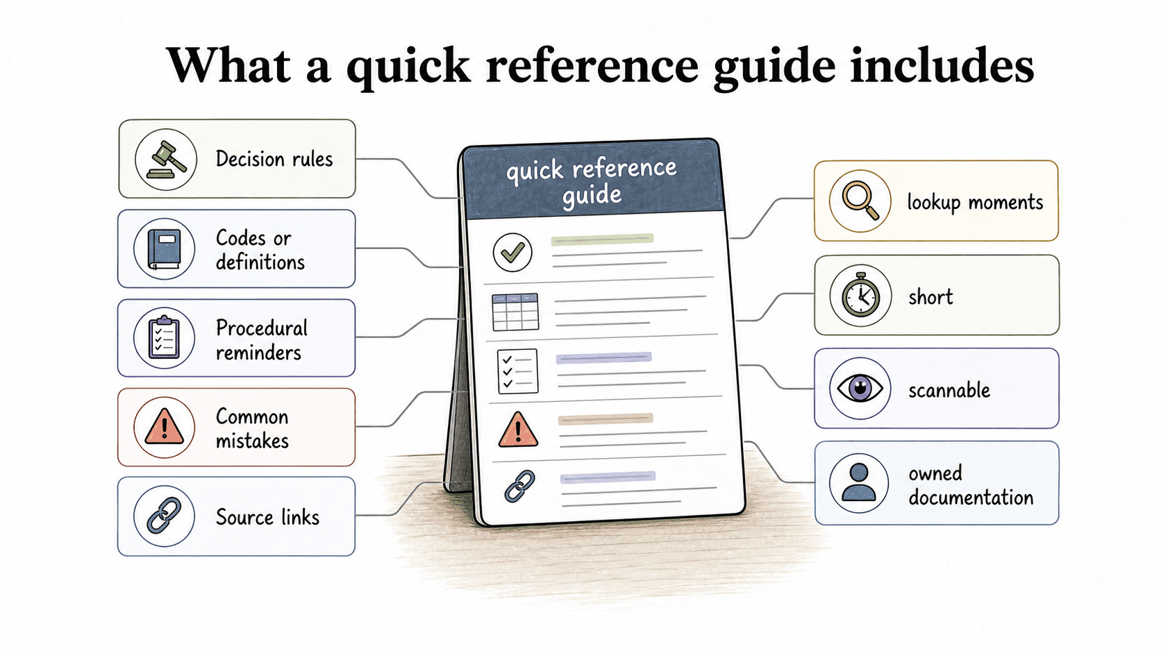 Strong quick reference guides focus on lookup moments, decision rules, reminders, common mistakes, and source links.