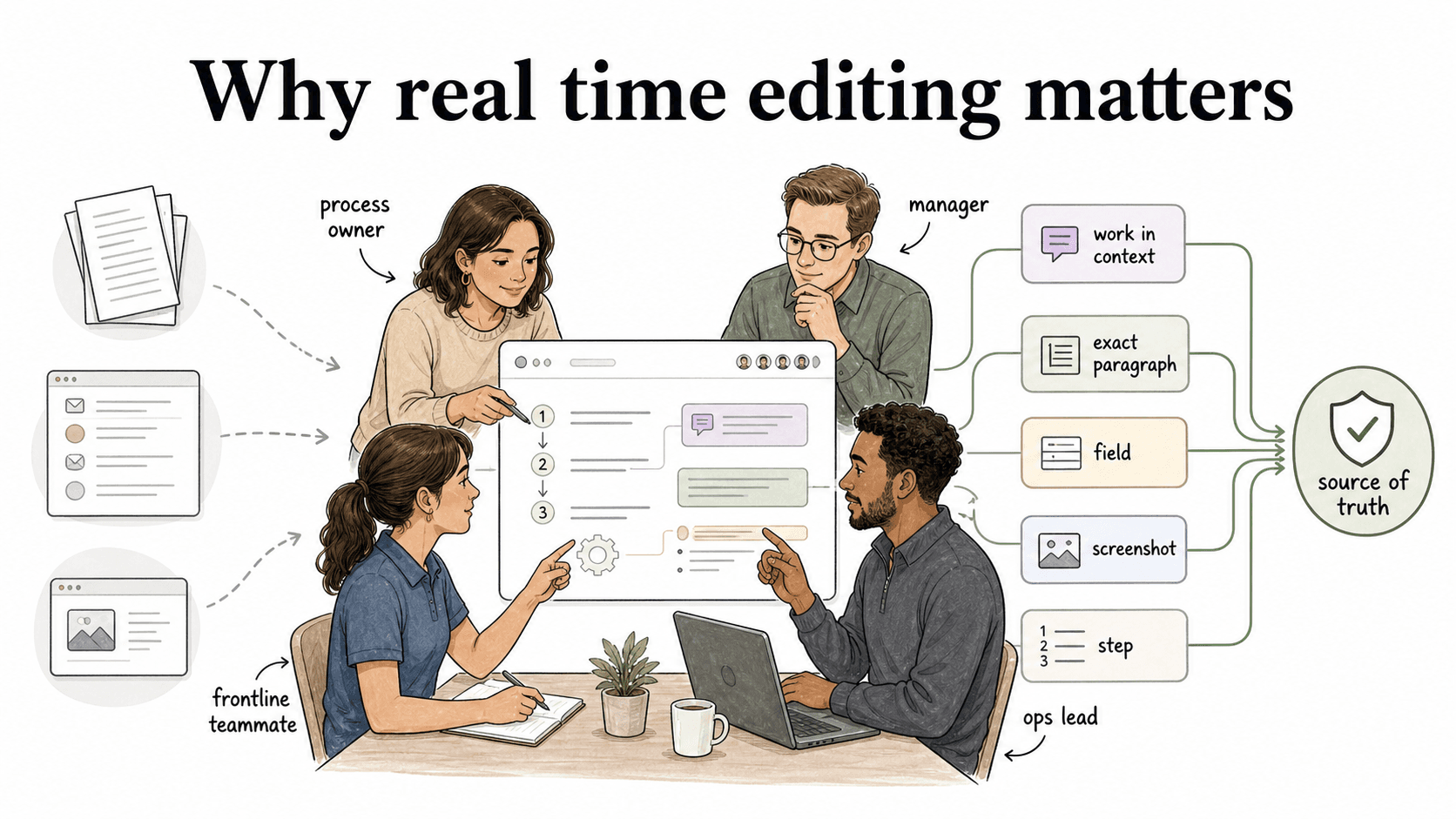 Real time editing works best when process owners, managers, frontline teammates, and ops leads can review the same content in context.