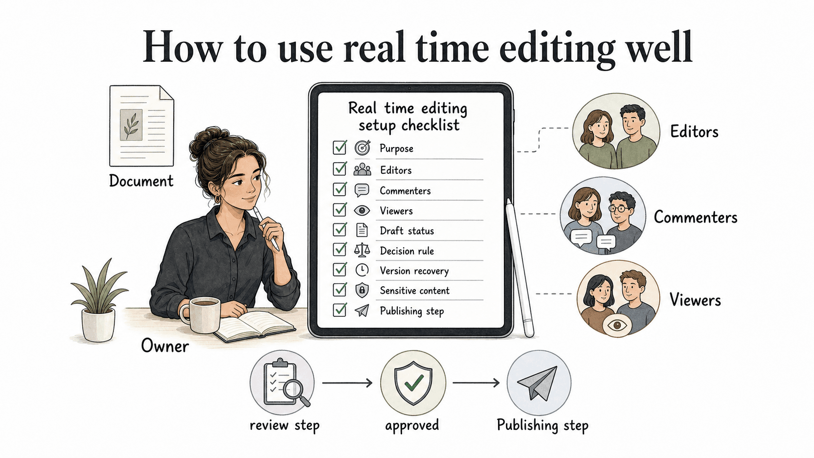 A good setup defines the owner, editors, commenters, viewers, draft status, decision rule, version recovery, and publishing step.