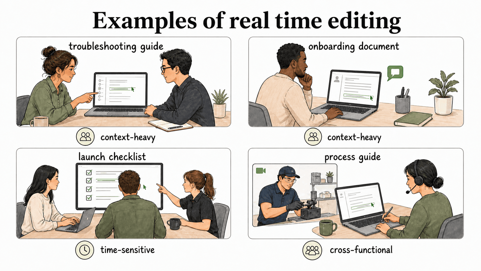 Strong real time editing use cases are time-sensitive, context-heavy, or cross-functional.