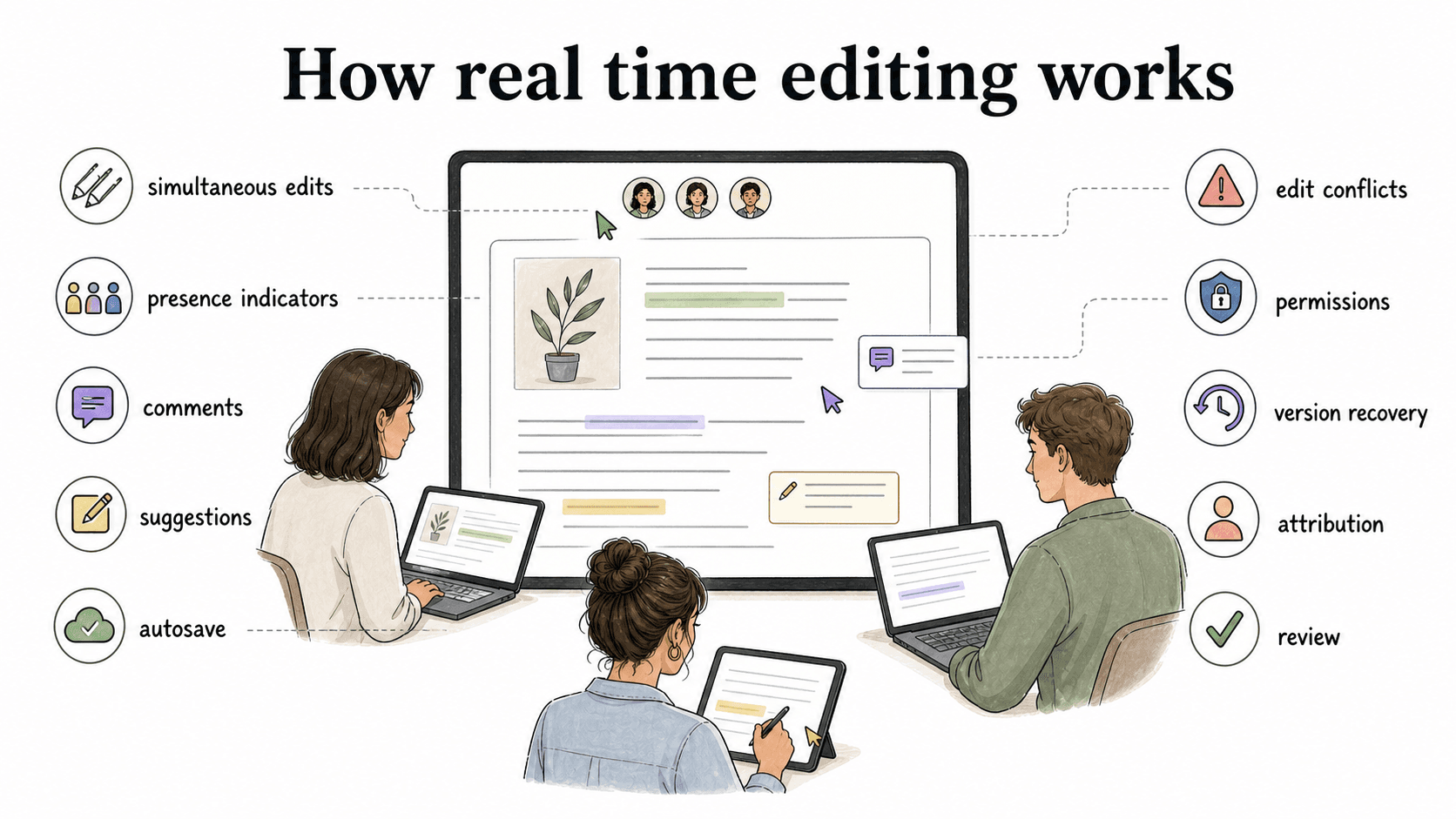 Real time editing combines live changes with presence indicators, comments, suggestions, autosave, permissions, attribution, and review.