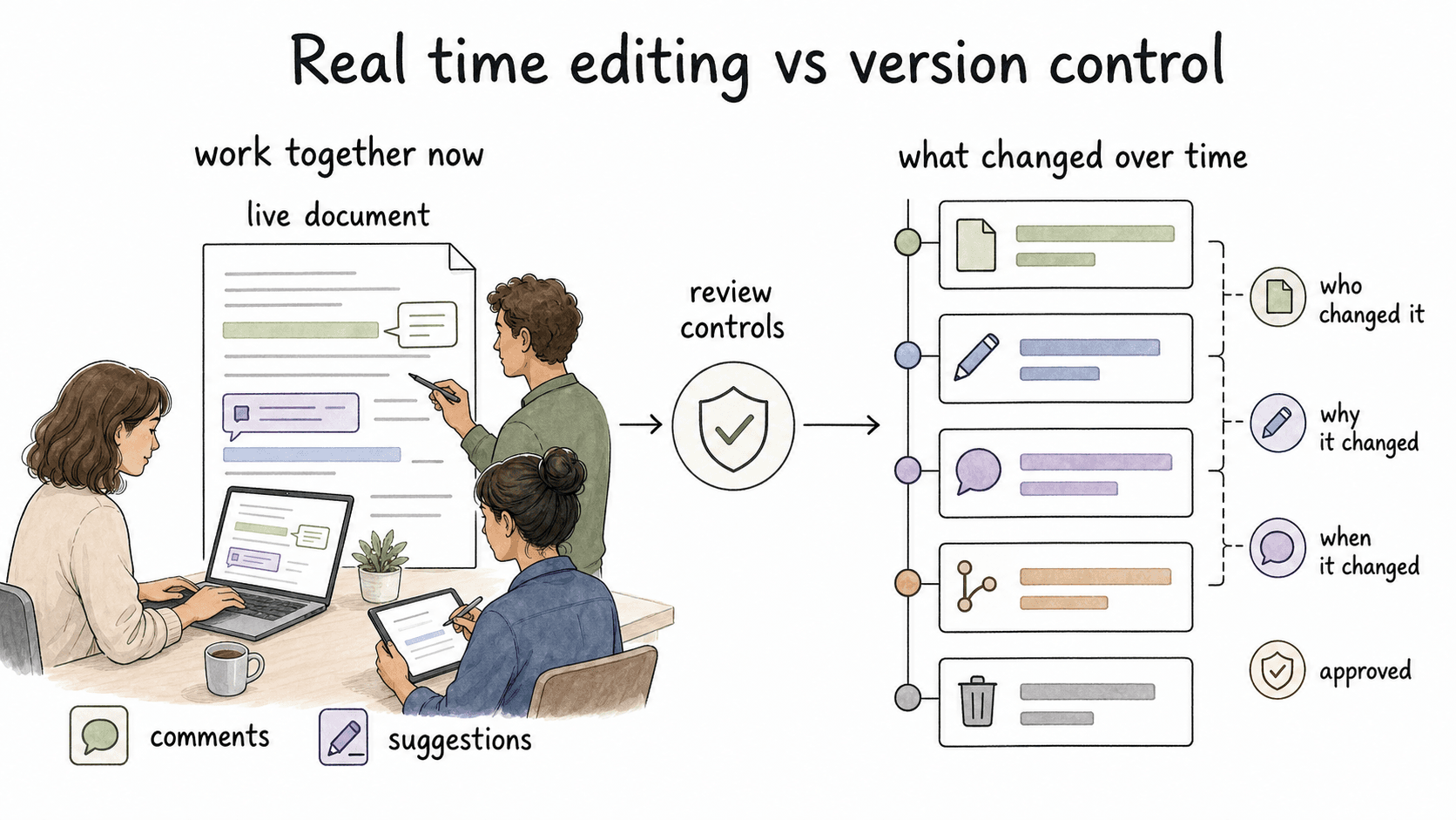 Real time editing helps teams work together now; version control helps them understand what changed over time.