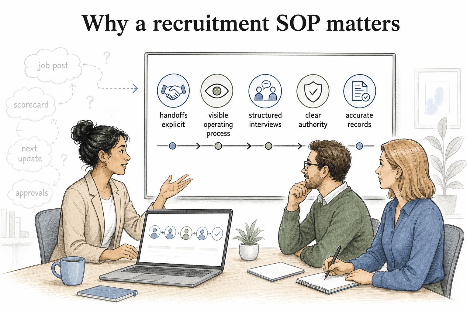 A recruitment SOP makes hiring handoffs explicit so teams can see who owns each step, decision, update, and record.