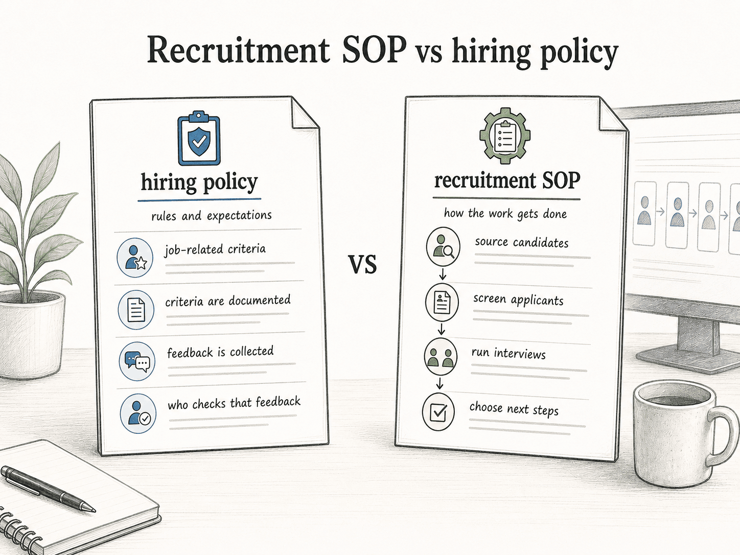 A hiring policy defines the rules and expectations; the recruitment SOP explains how the hiring work gets done.