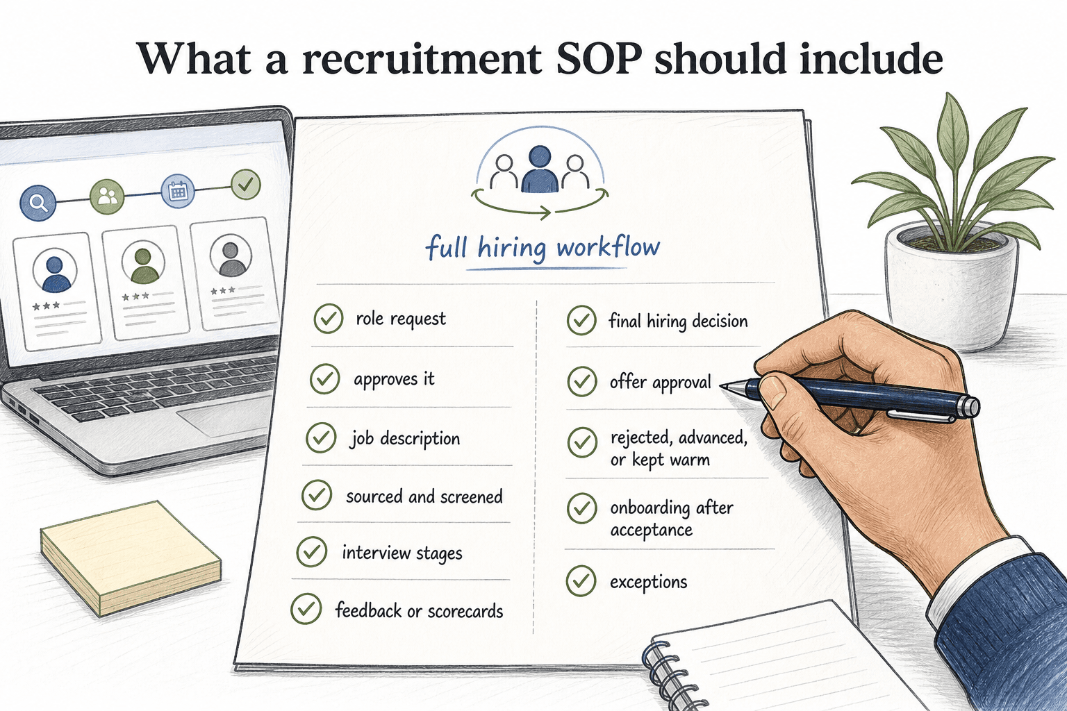 A useful recruitment SOP covers the full hiring workflow, from role request and approvals through sourcing, interviews, offers, exceptions, and onboarding handoff.