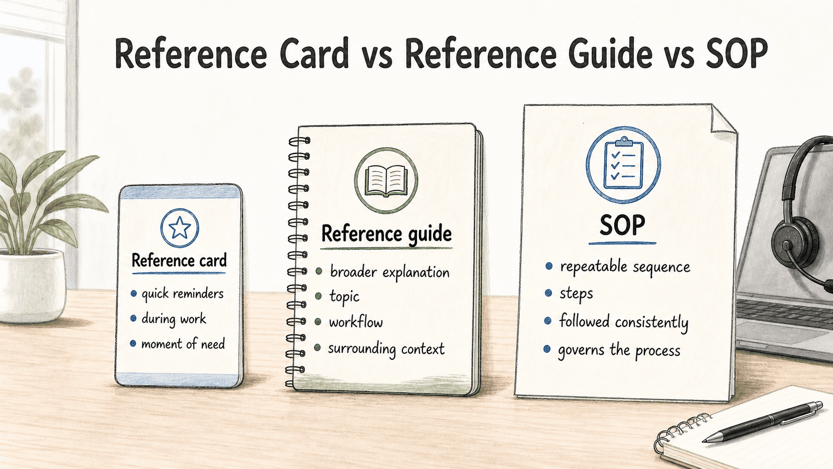 A reference guide supports explanation and lookup, a reference card gives small reminders during familiar work, and an SOP guides repeatable steps.