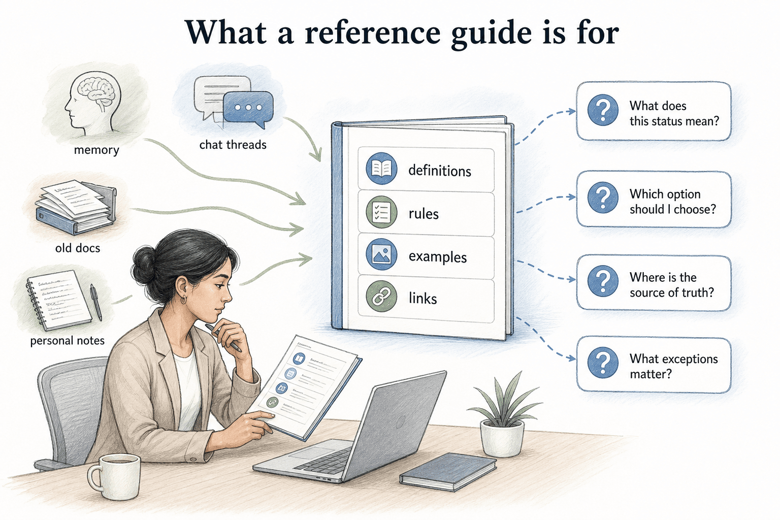 A reference guide brings definitions, rules, examples, and links into one predictable place so people can answer lookup questions during work.