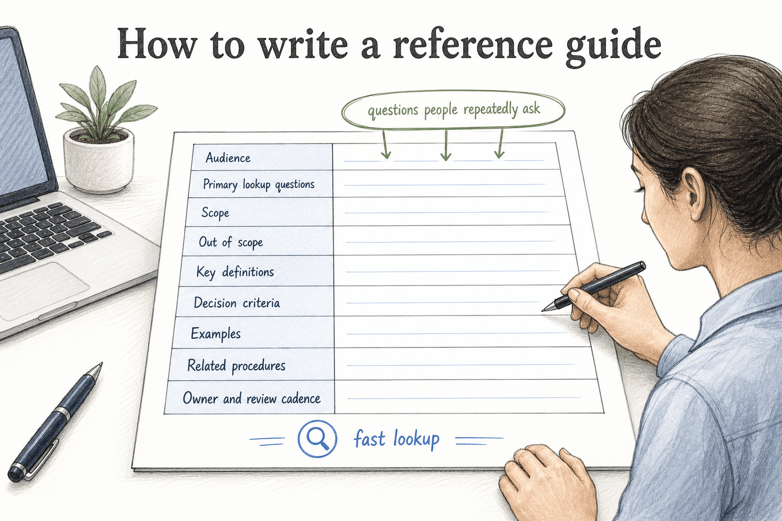 Start with the questions people repeatedly ask, then organize the guide for fast lookup with clear headings, definitions, examples, and related procedures.