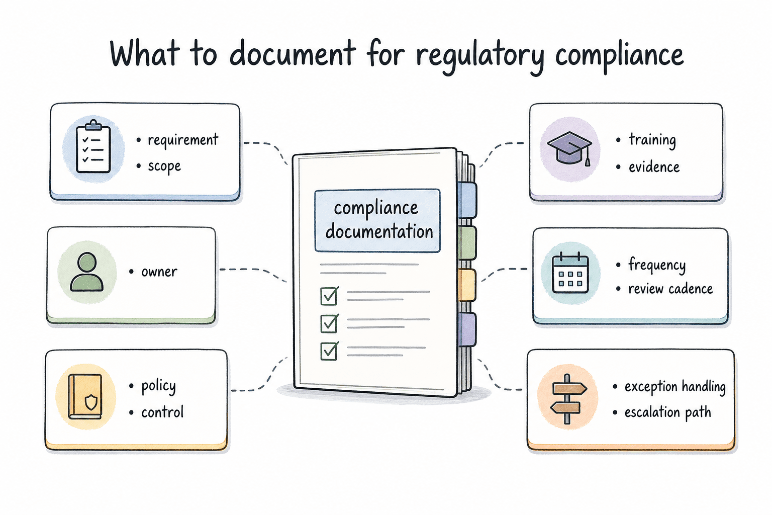 Useful compliance documentation names the requirement, scope, owner, controls, evidence, cadence, and exception path.