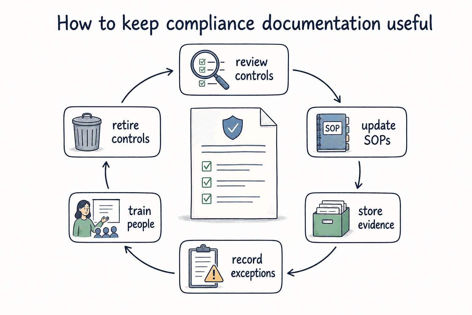Compliance stays useful when teams review controls, update SOPs, store evidence, record exceptions, and train people.