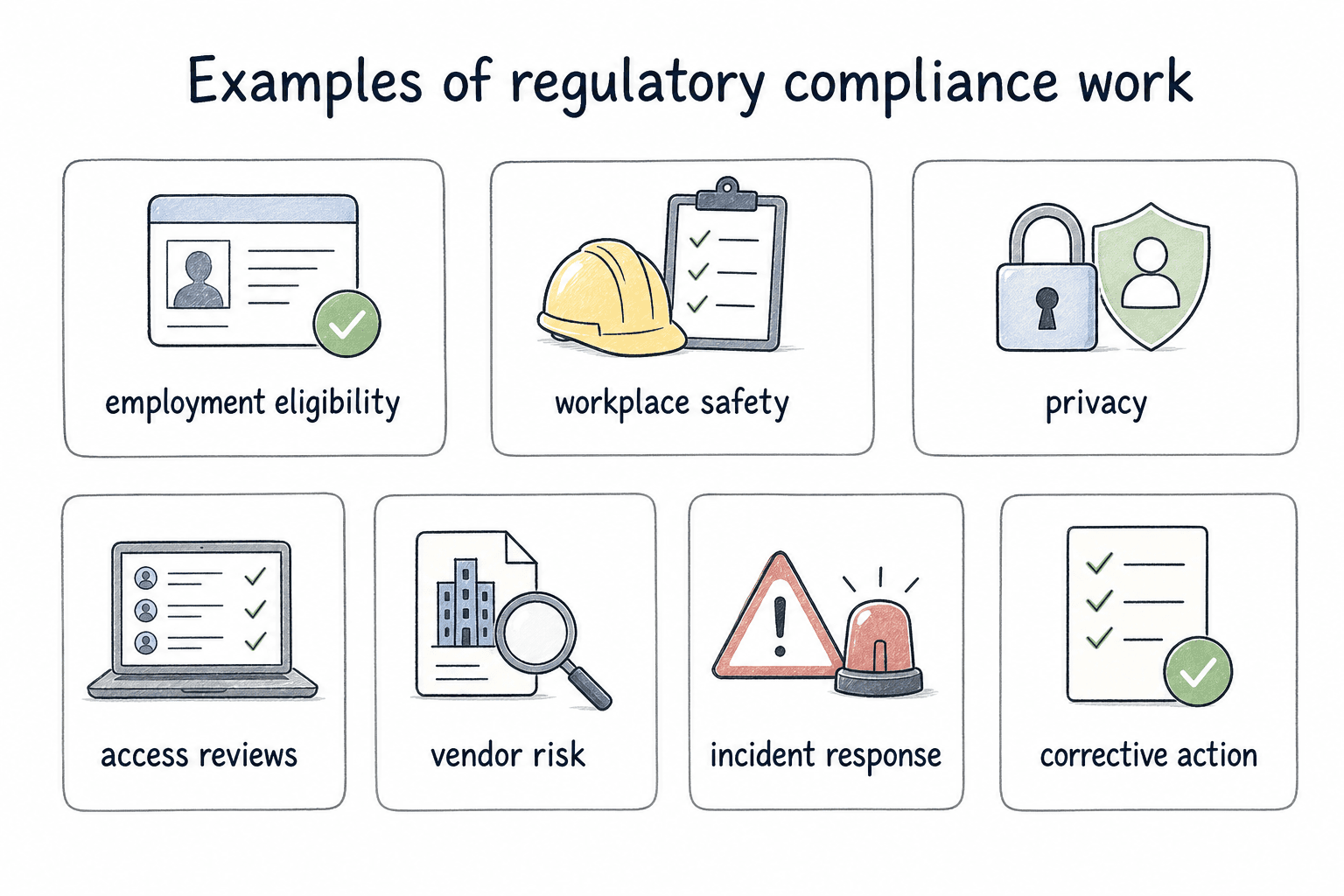 Compliance shows up in everyday work like safety, privacy, access reviews, vendor risk, and corrective action.