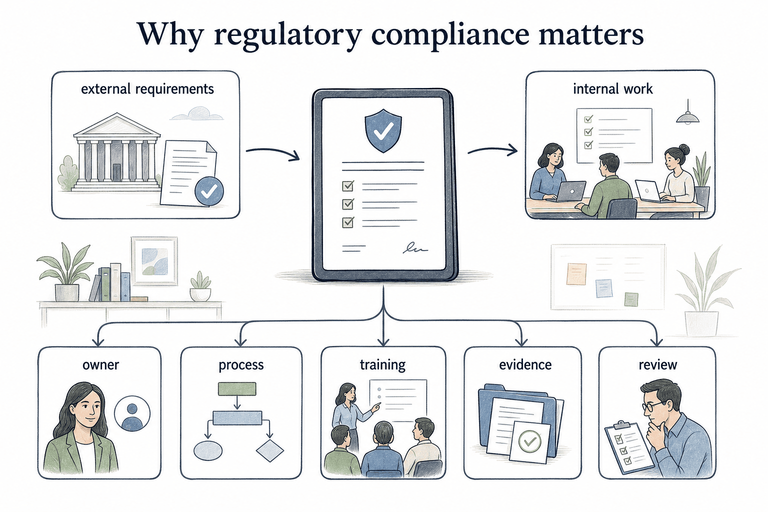Regulatory compliance turns external requirements into owned processes, training, evidence, and review.