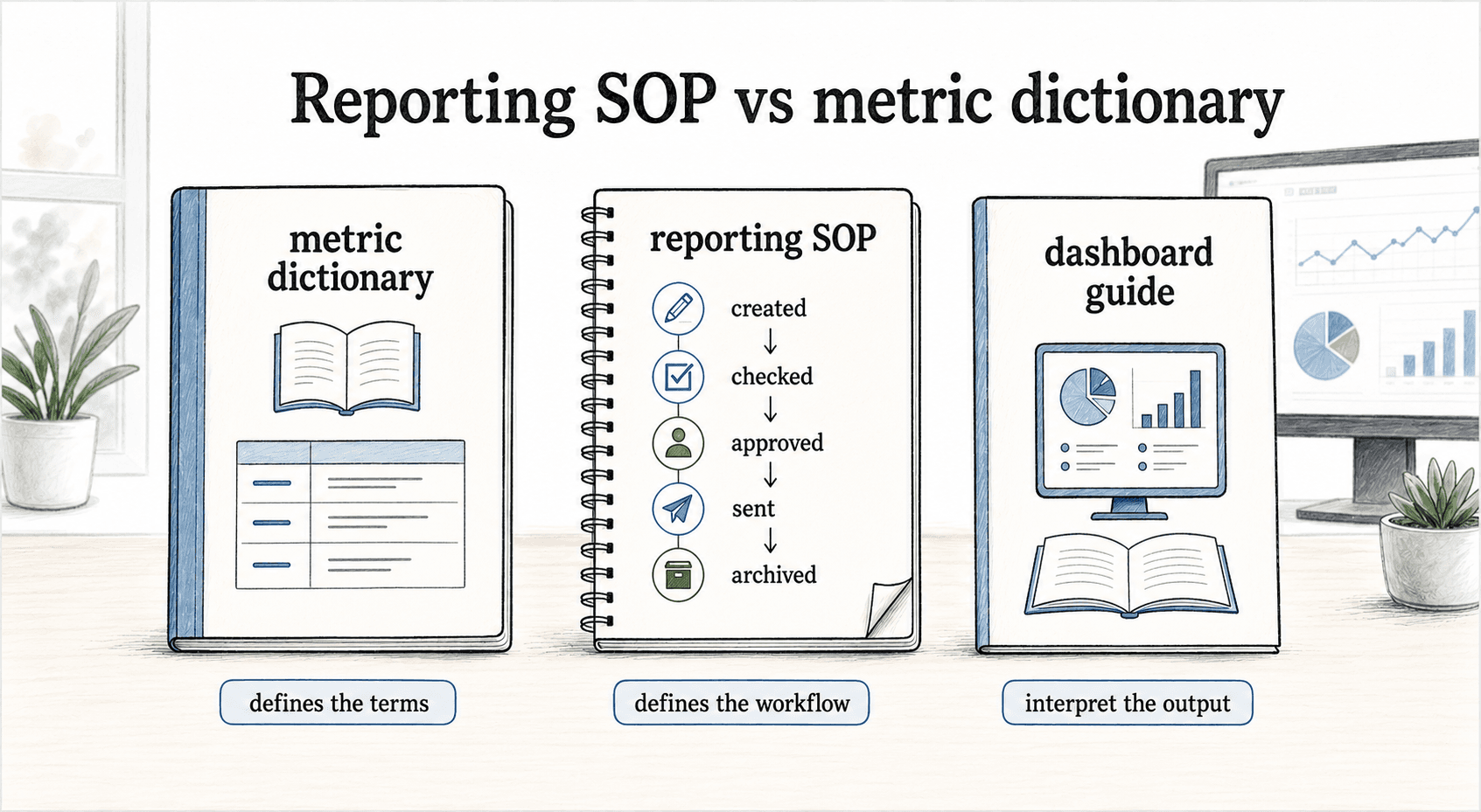 The metric dictionary defines the terms, the reporting SOP defines the workflow, and the dashboard guide helps people interpret the output.
