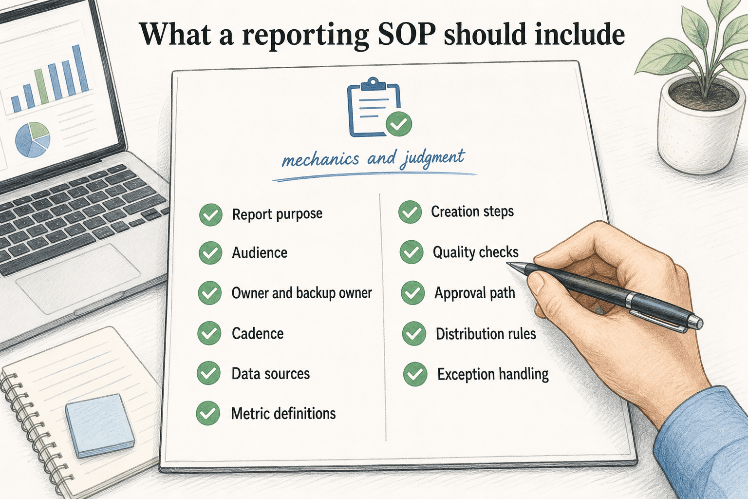 A strong reporting SOP documents the mechanics of producing the report and the judgment needed to trust it.