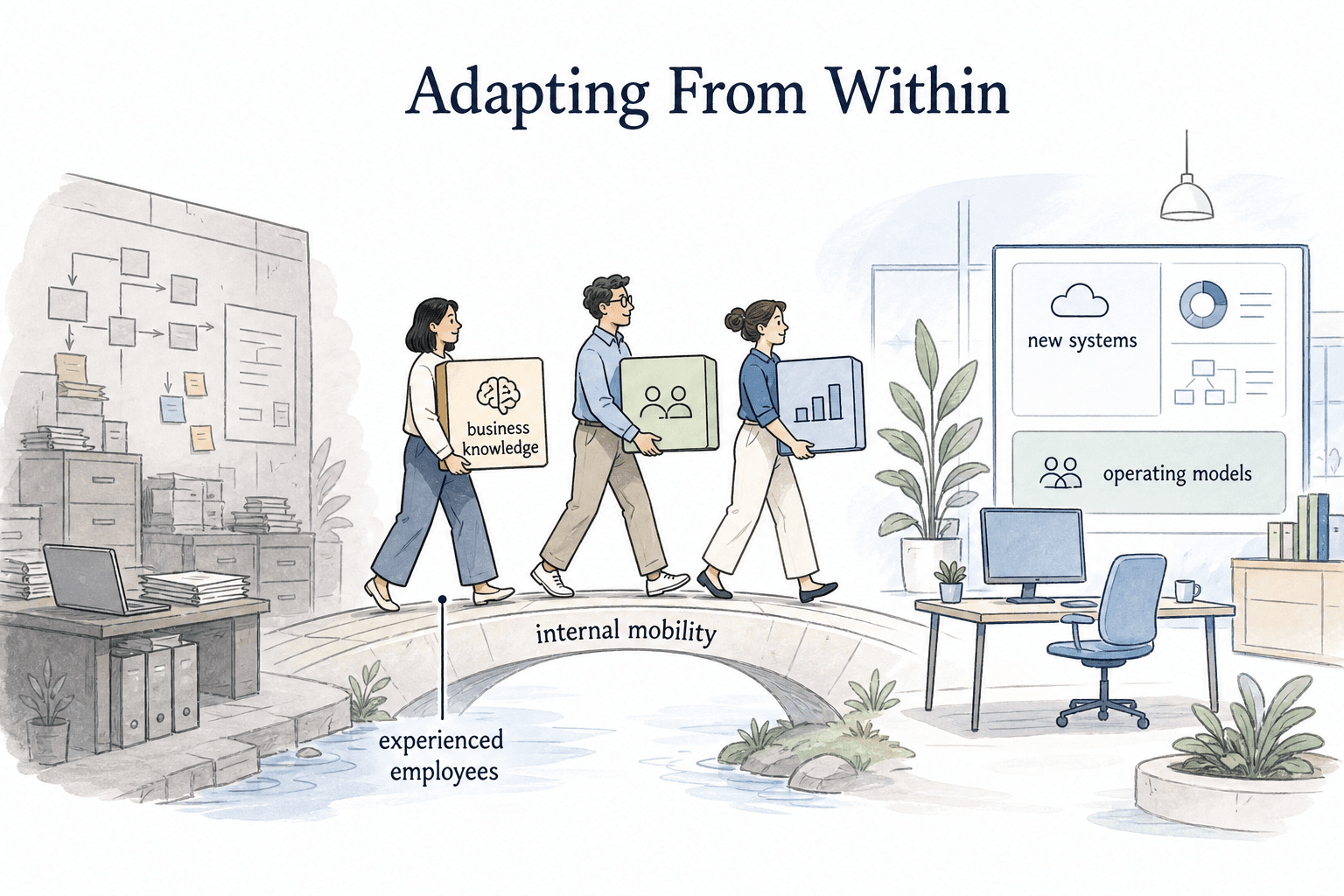 Team carrying useful knowledge from an old workflow into a new operating model.