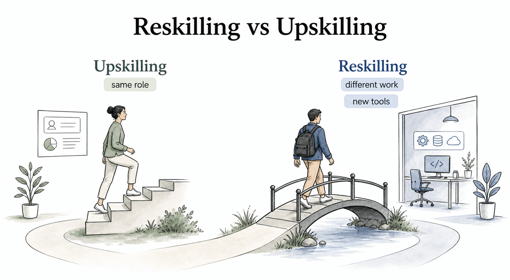 Split-path illustration comparing reskilling as a move into different work and upskilling as growth within current work.