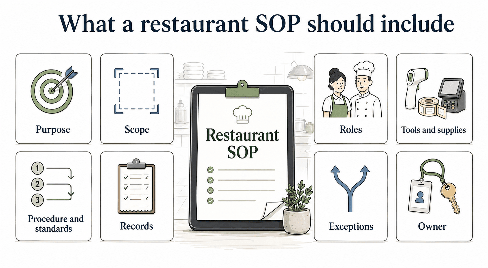 A useful restaurant SOP covers one narrow workflow, including its purpose, scope, roles, tools and supplies, procedure and standards, records, exceptions, and owner.