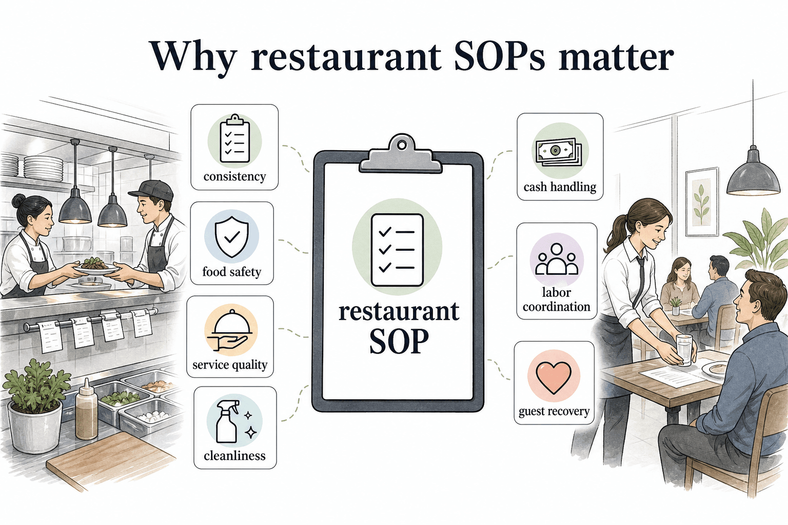 Restaurant SOPs give teams a shared operating standard for food safety, service quality, cleanliness, cash handling, labor coordination, and guest recovery.
