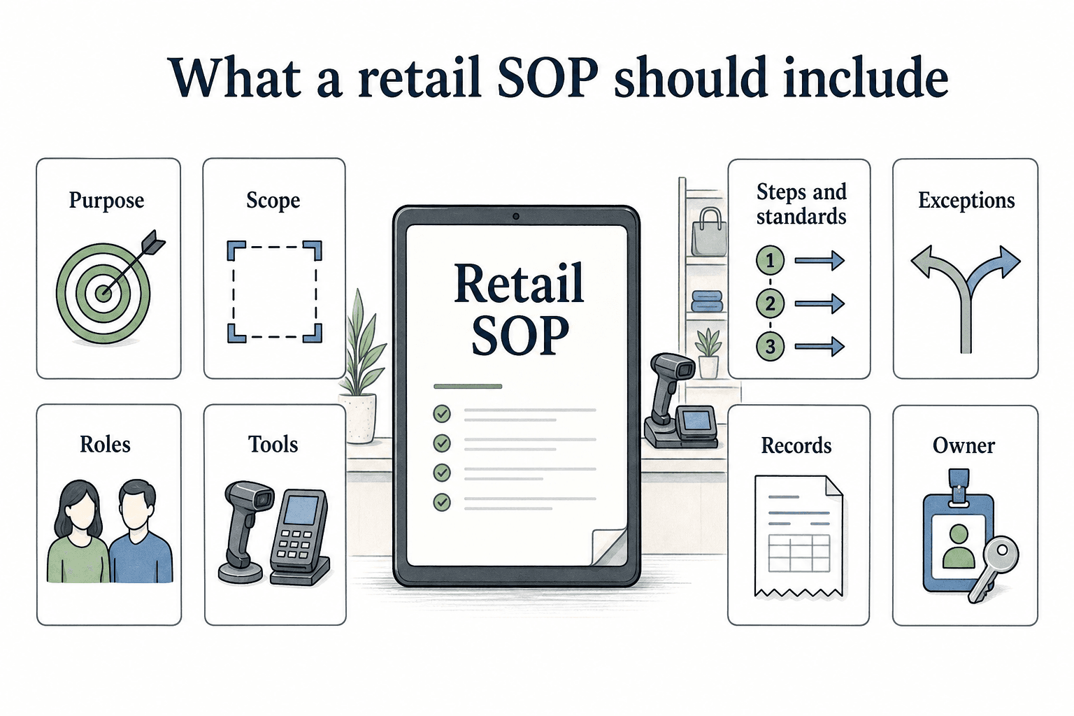 A useful retail SOP covers one real workflow, including its purpose, scope, roles, tools, steps and standards, exceptions, records, and owner.