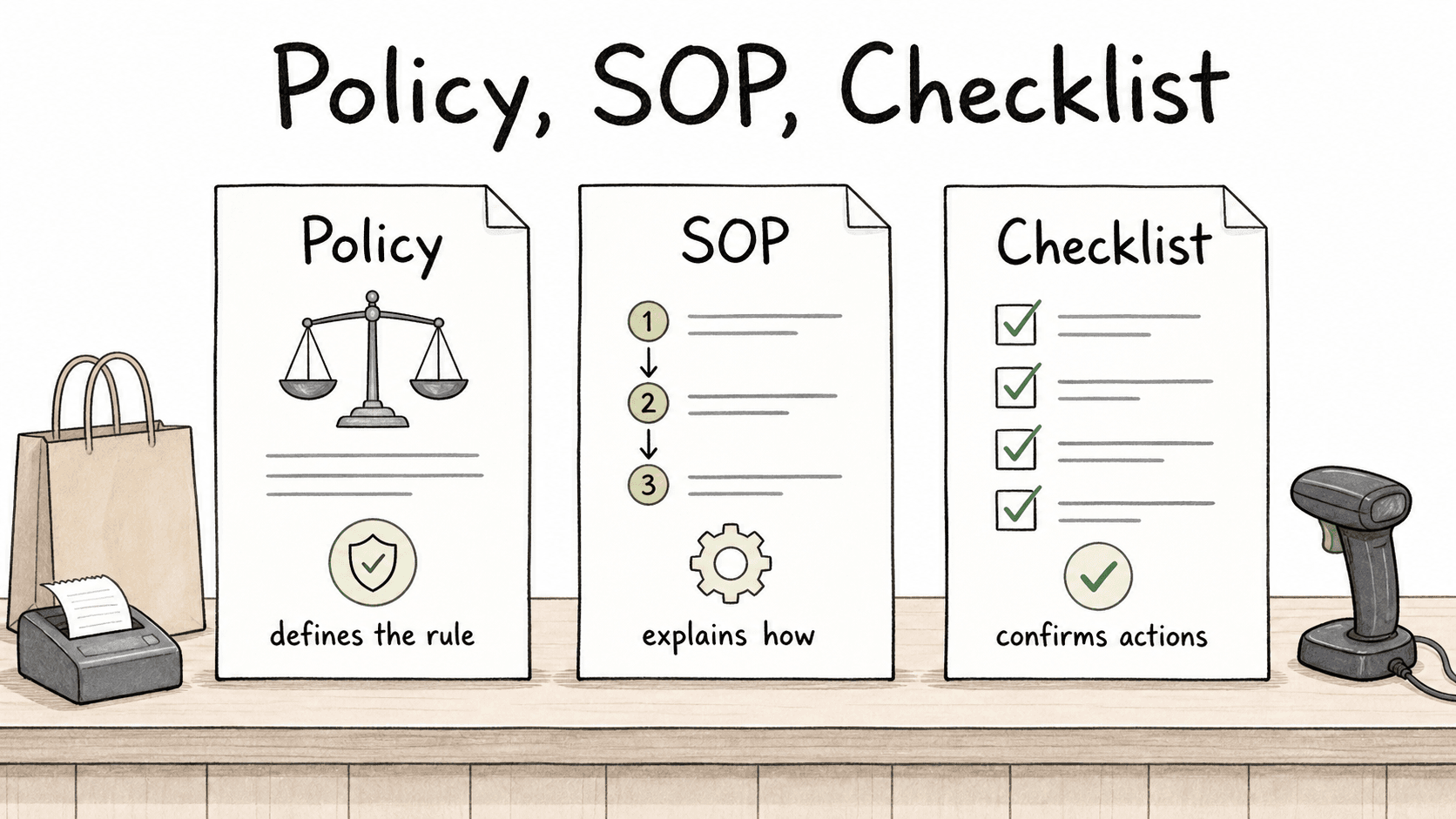 A policy defines the rule, a retail SOP explains how employees apply it, and a checklist confirms required actions.
