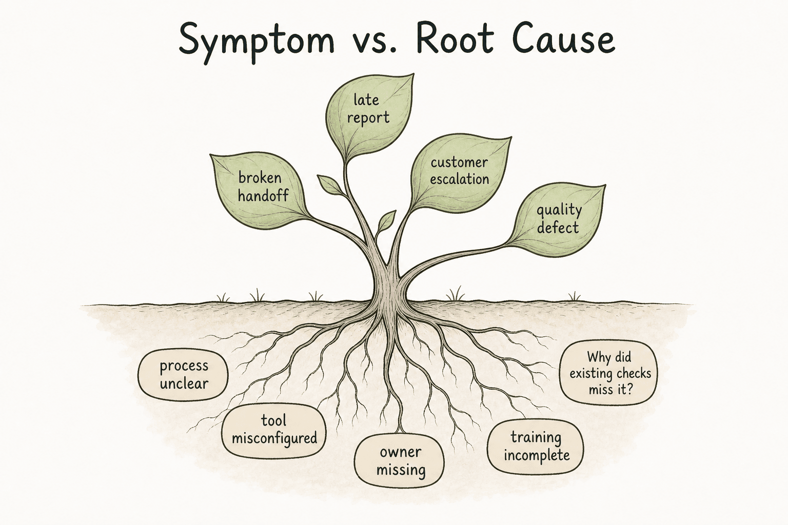 Most problems announce themselves through symptoms. RCA helps teams ask what conditions made the problem possible.