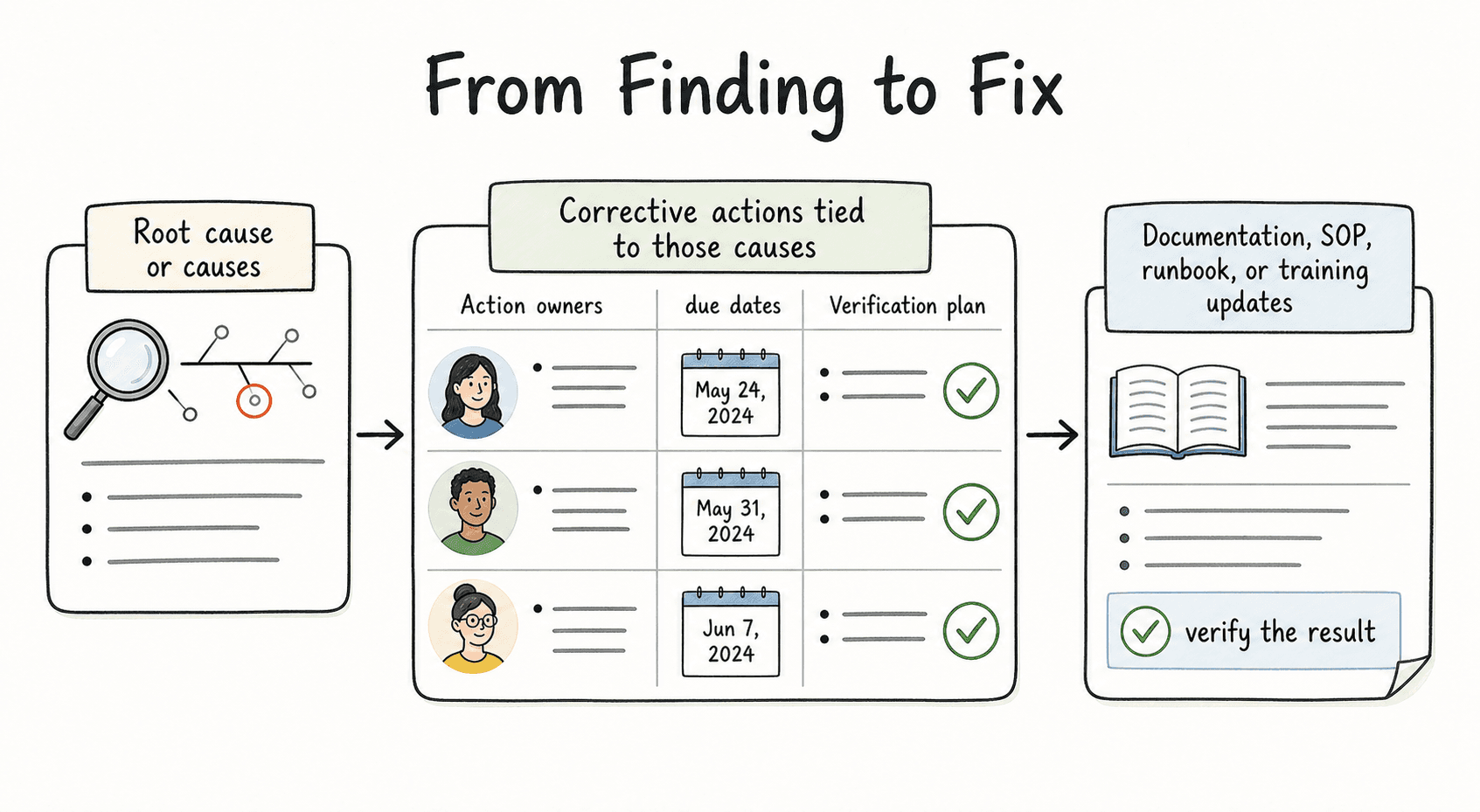 If nobody checks whether the corrective action worked, the organization has written a report, not improved the process.