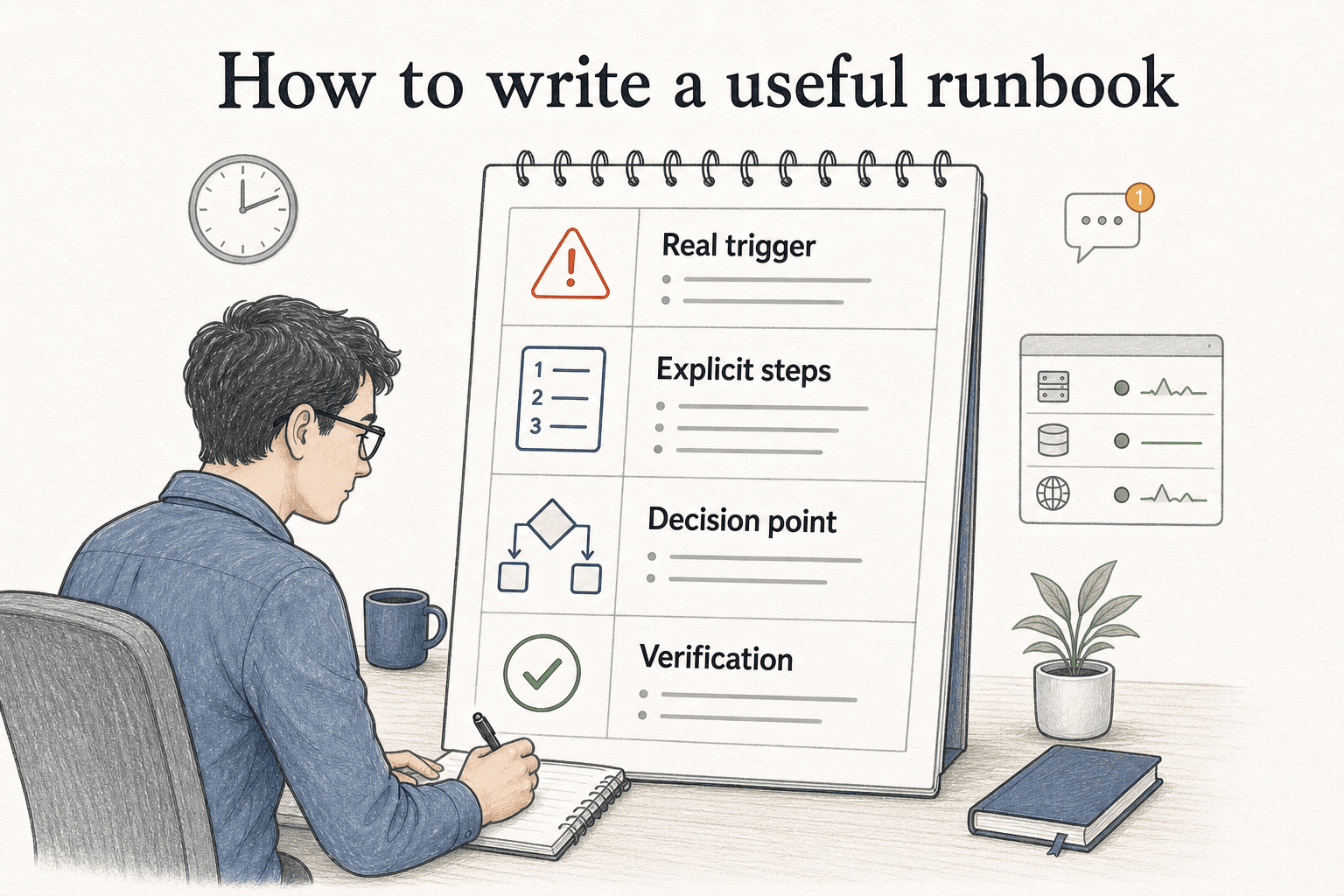 The strongest runbooks start with a real trigger and give responders explicit steps, decision points, and healthy-state checks.