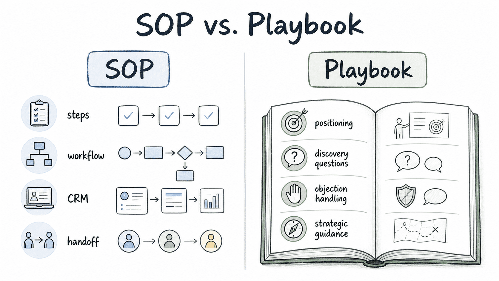 A sales SOP defines repeatable workflow steps; a sales playbook helps reps make better selling decisions.