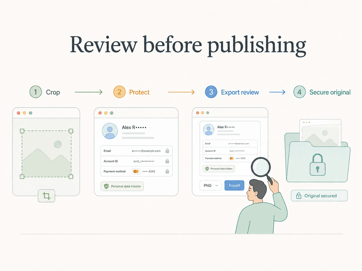 A four-step review workflow: crop, protect, export review, and secure original.