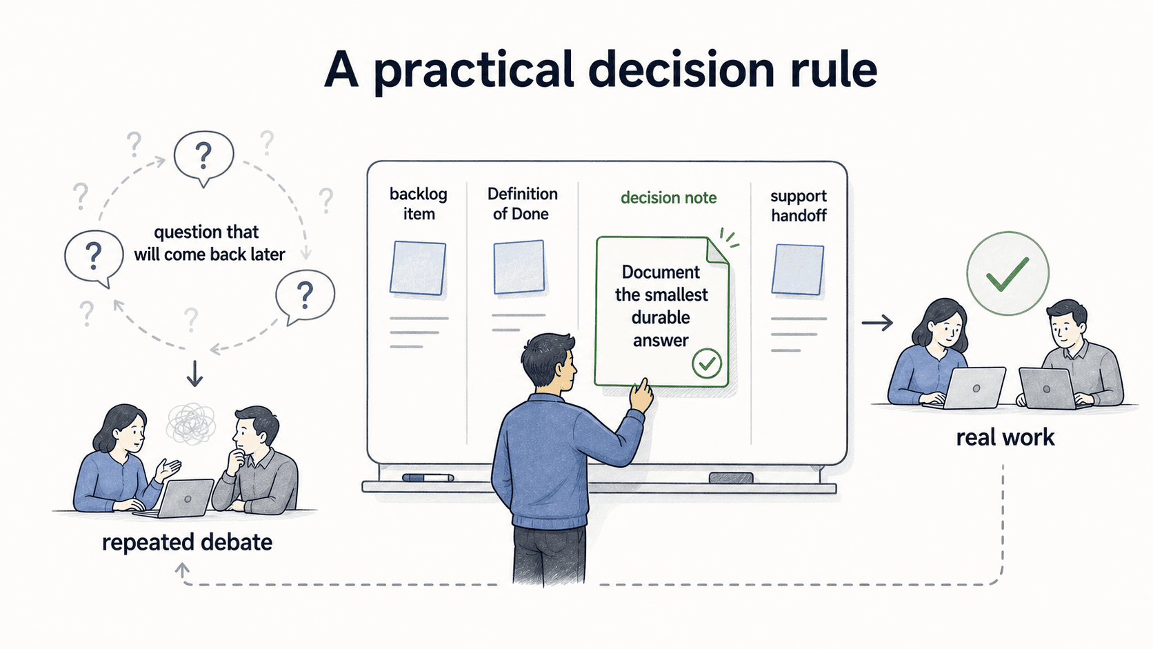 Diagram showing the rule to document the smallest durable answer to the question that will come back later.