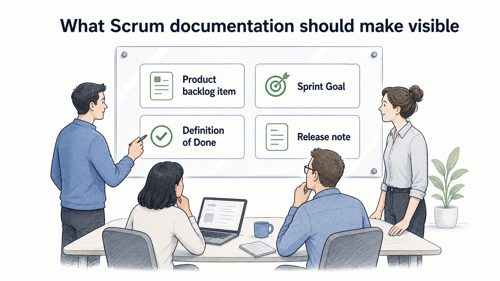 Diagram showing Scrum documentation making work, decisions, quality expectations, and handoffs visible.