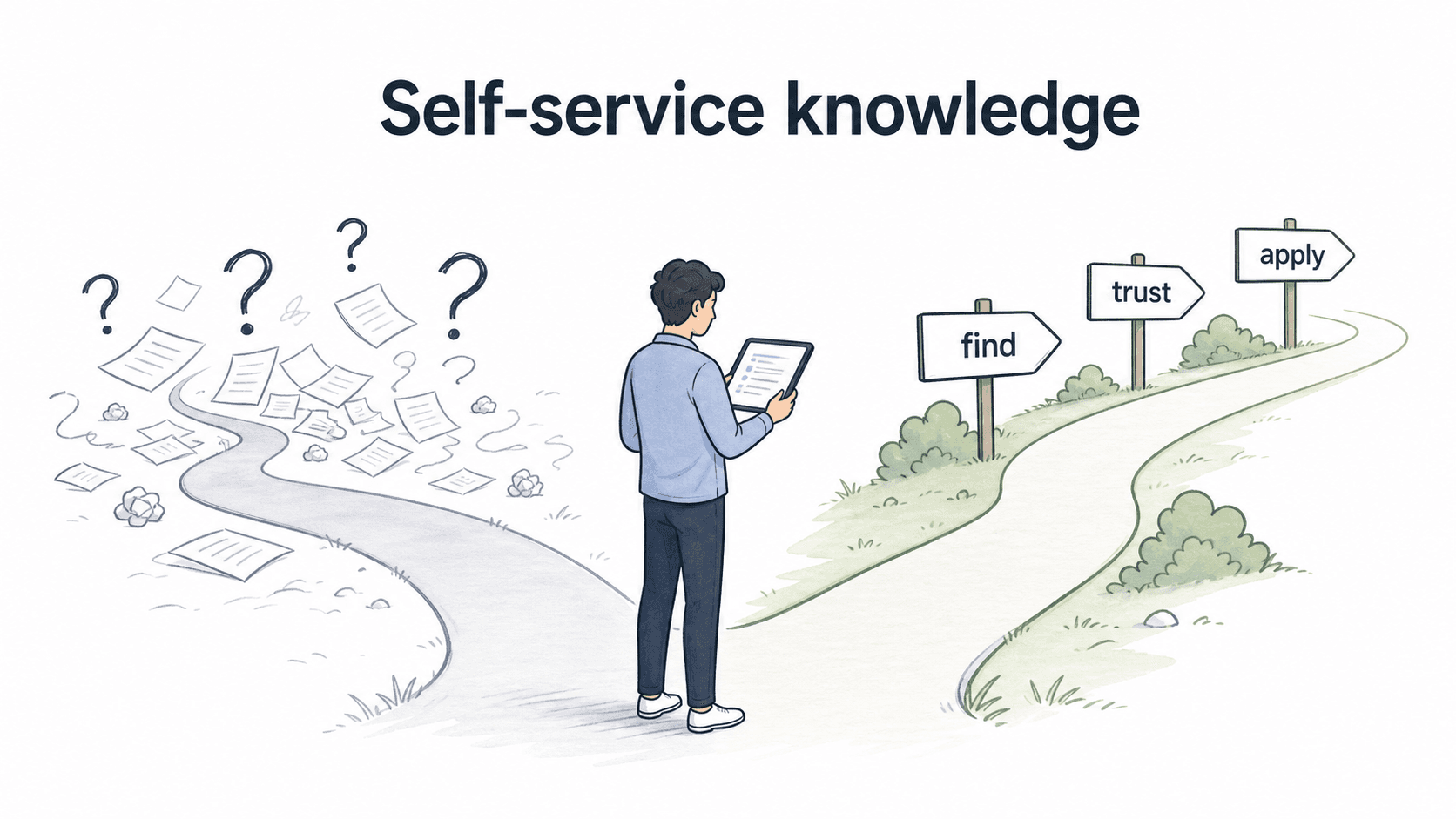 Diagram showing self-service knowledge helping users find, trust, and apply answers.
