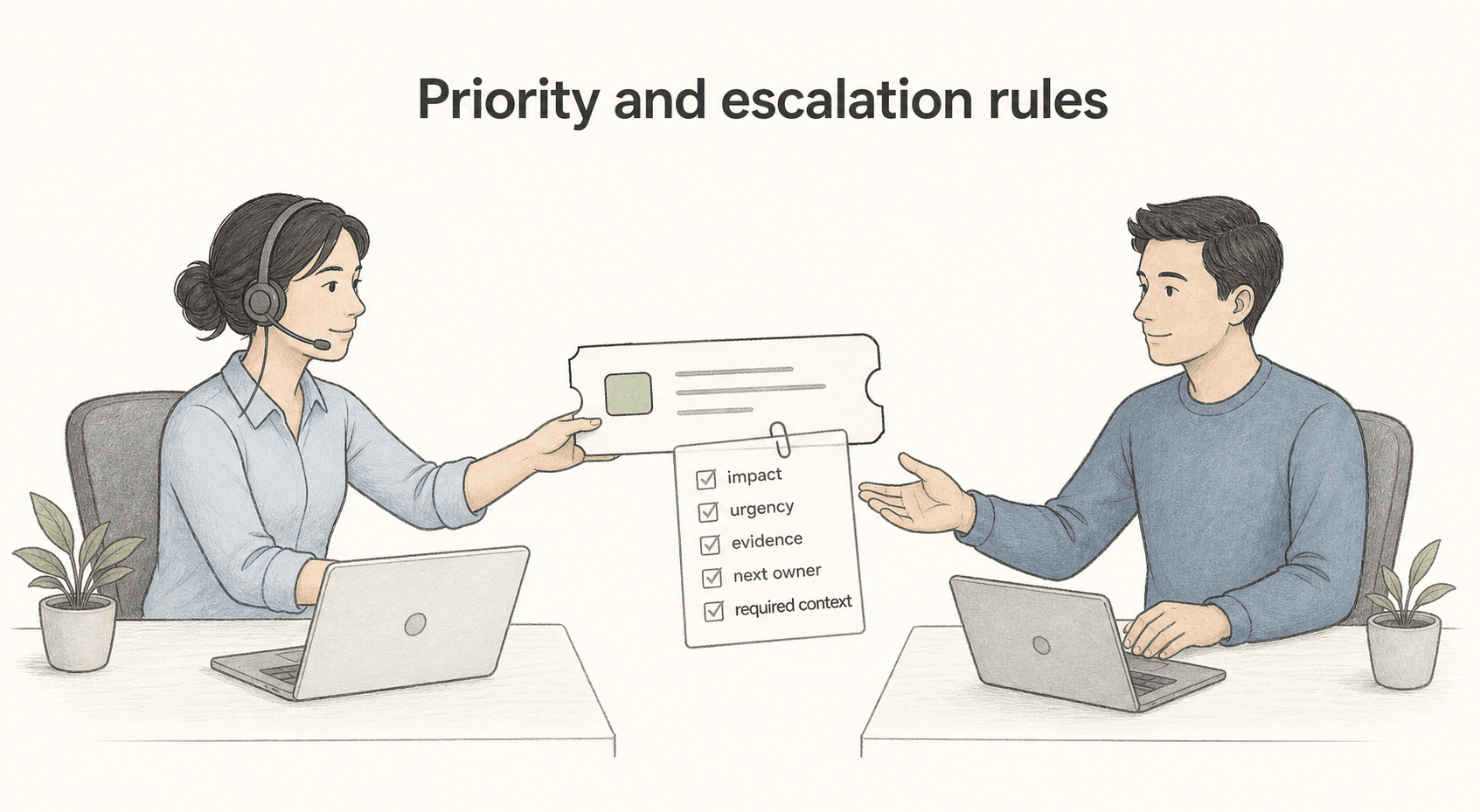 A service desk SOP should define priority and escalation rules using impact, urgency, owner, destination, and required evidence.