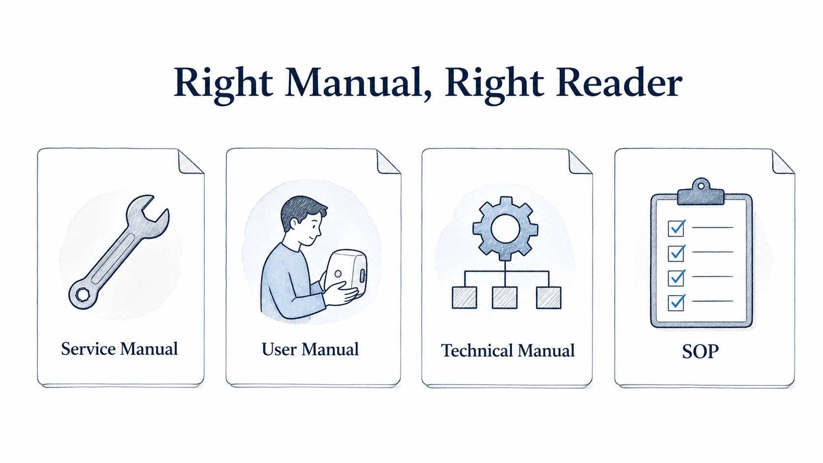 Comparison of service manuals, user manuals, technical manuals, and SOPs by audience and purpose.