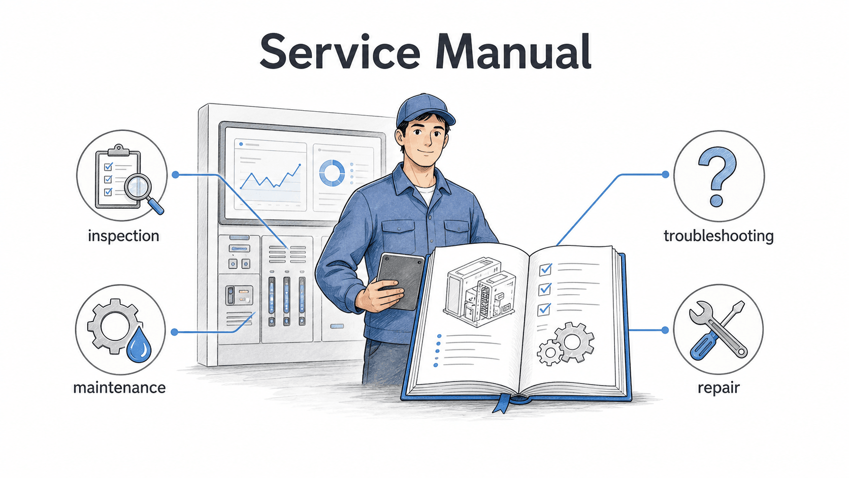 A service manual gives technicians and support teams a reference for diagnostics, maintenance, repair, and service workflows.