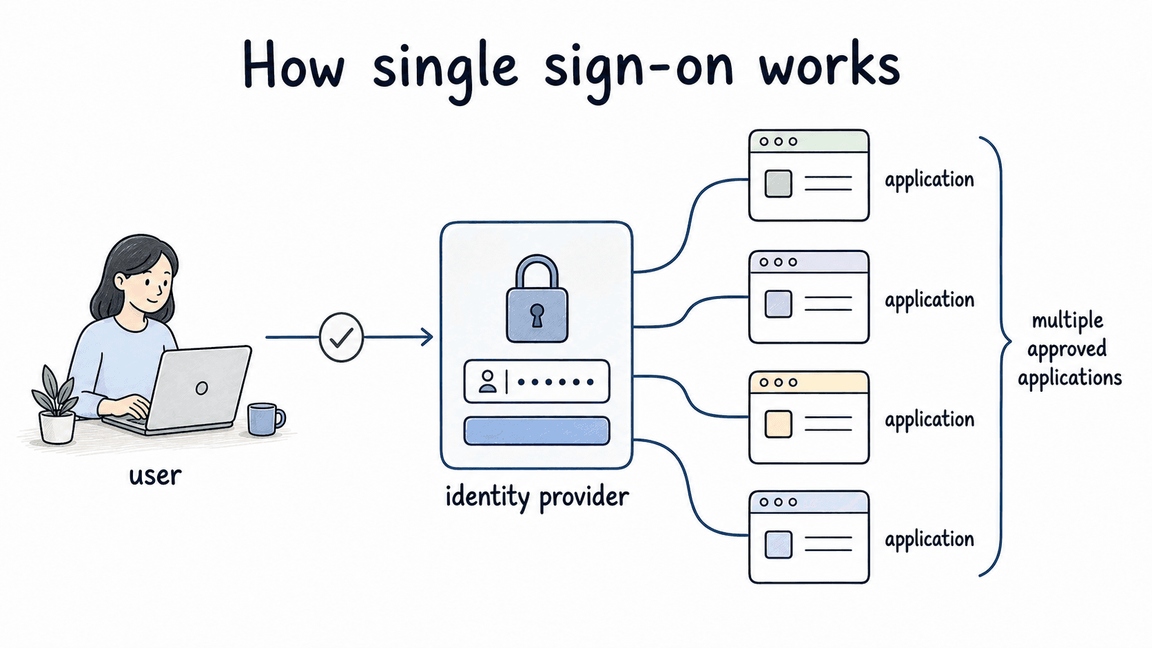 A user signs in once through an identity provider, then gets access to multiple approved applications.