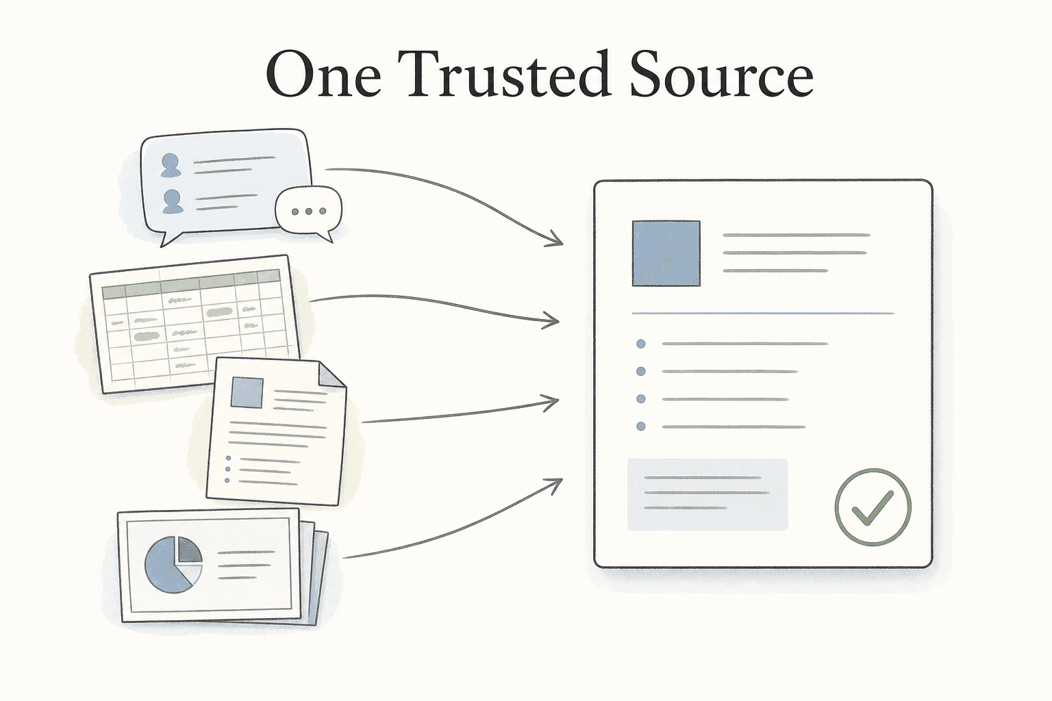 Scattered notes, spreadsheets, and reports become useful when the team agrees on one trusted source.
