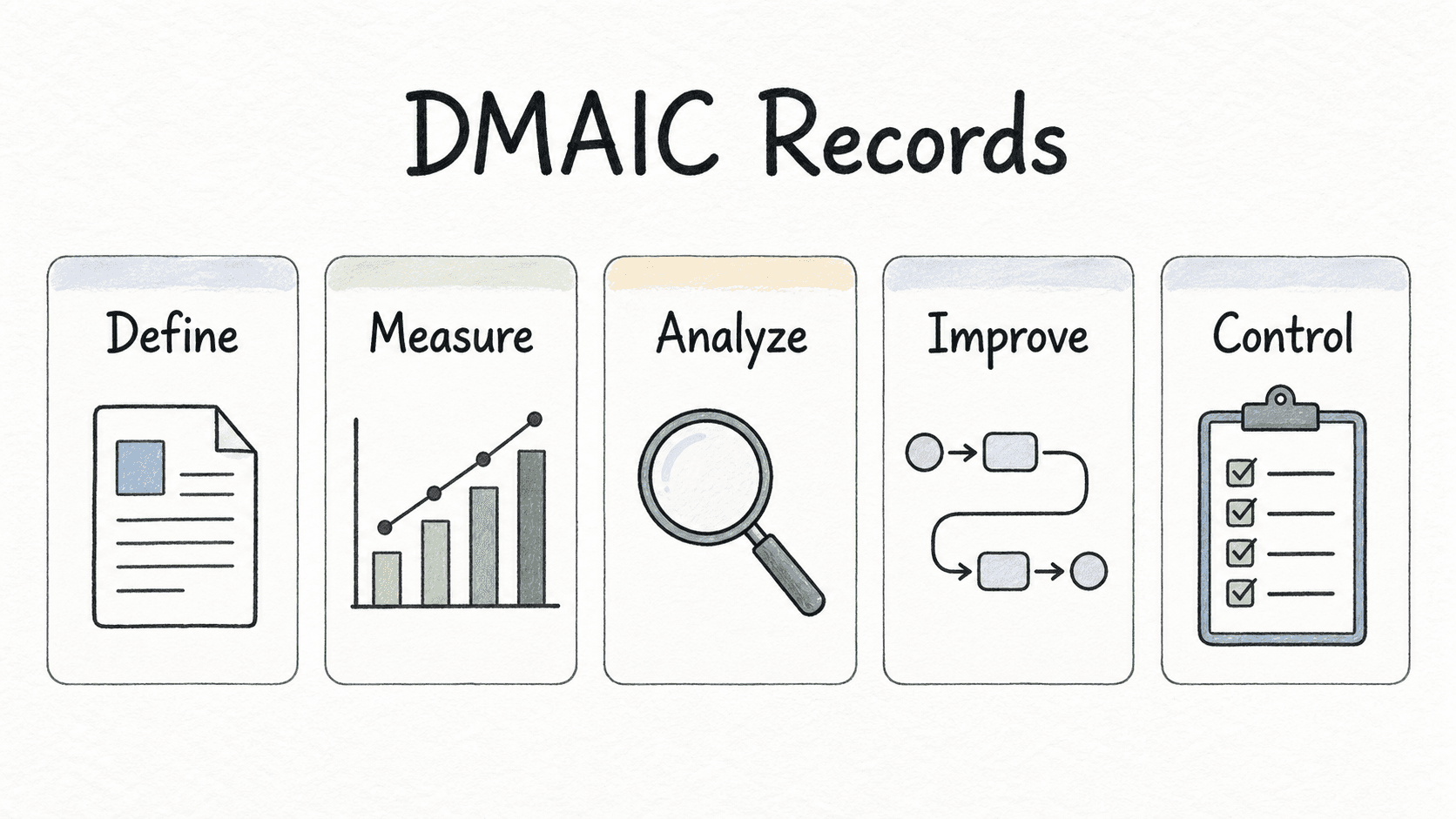 DMAIC records organize Six Sigma documentation across define, measure, analyze, improve, and control.