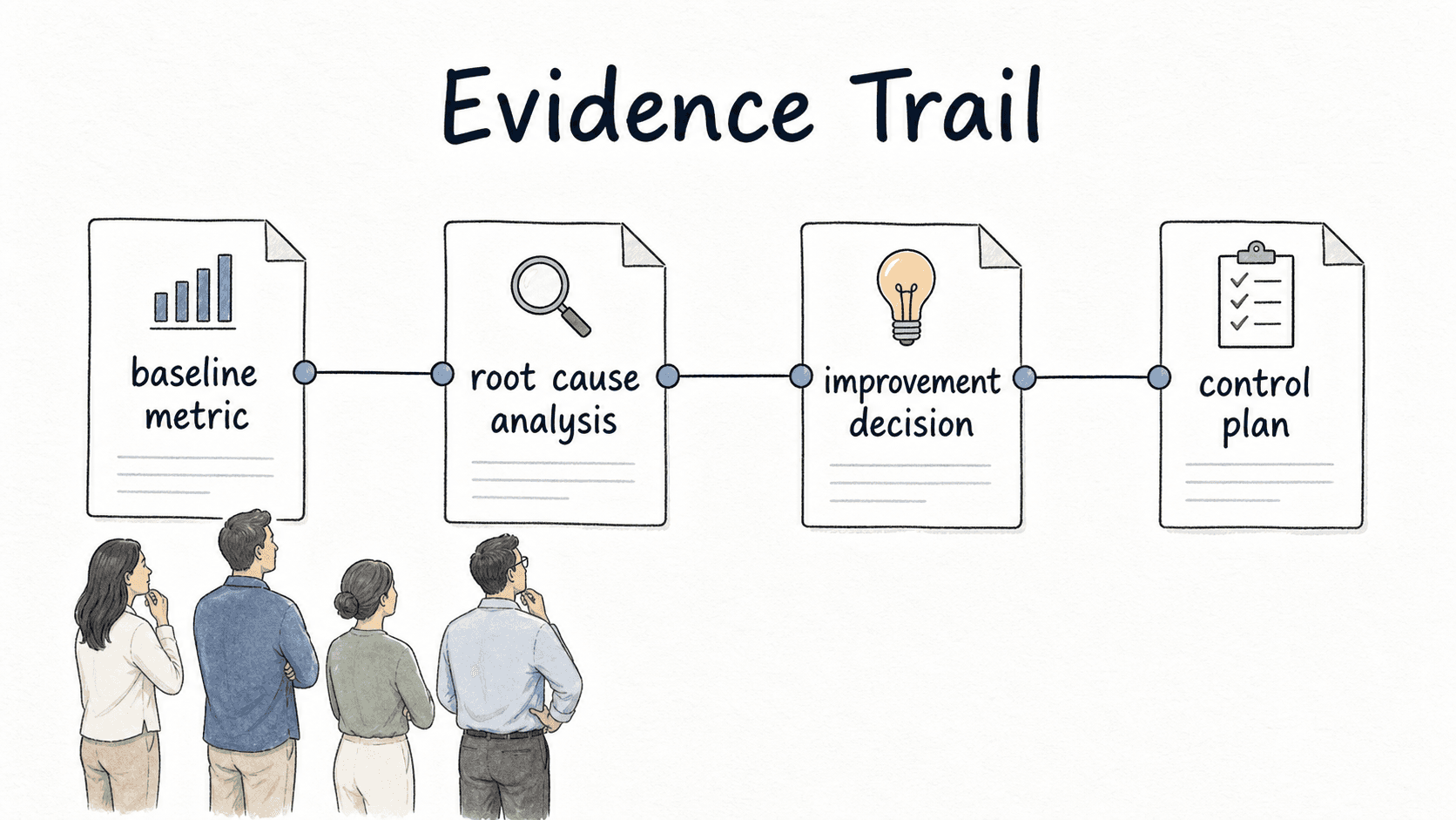 An evidence trail connects the baseline metric, root cause analysis, improvement decision, and control plan so the team can explain what changed and why.