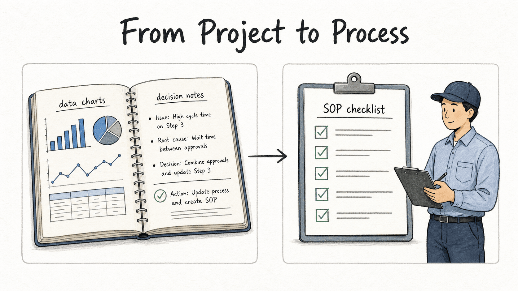 Six Sigma project notes should become an updated SOP checklist so the improved process is clear after the project ends.