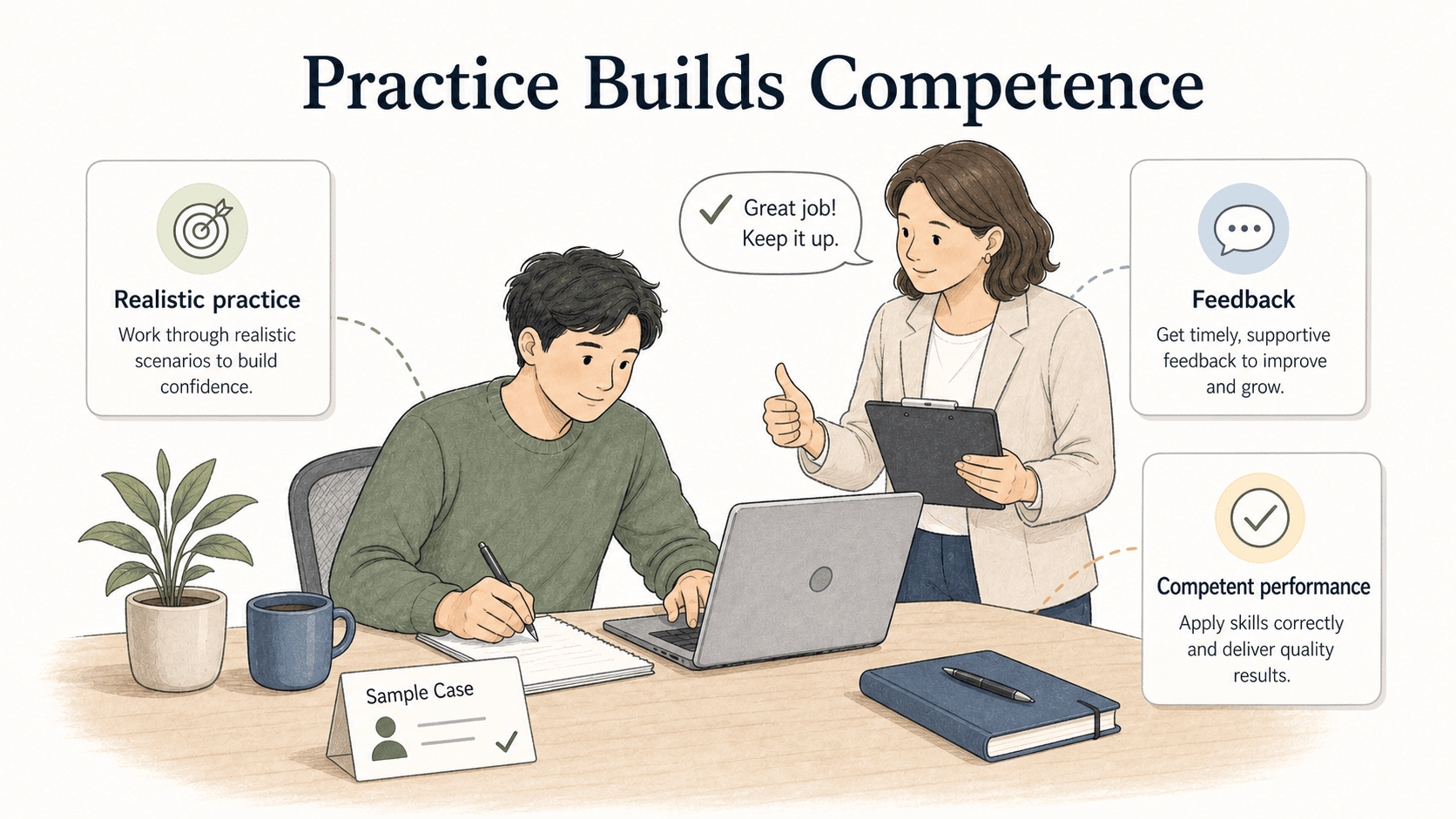 Realistic practice, feedback, and clear standards help learners build competence.