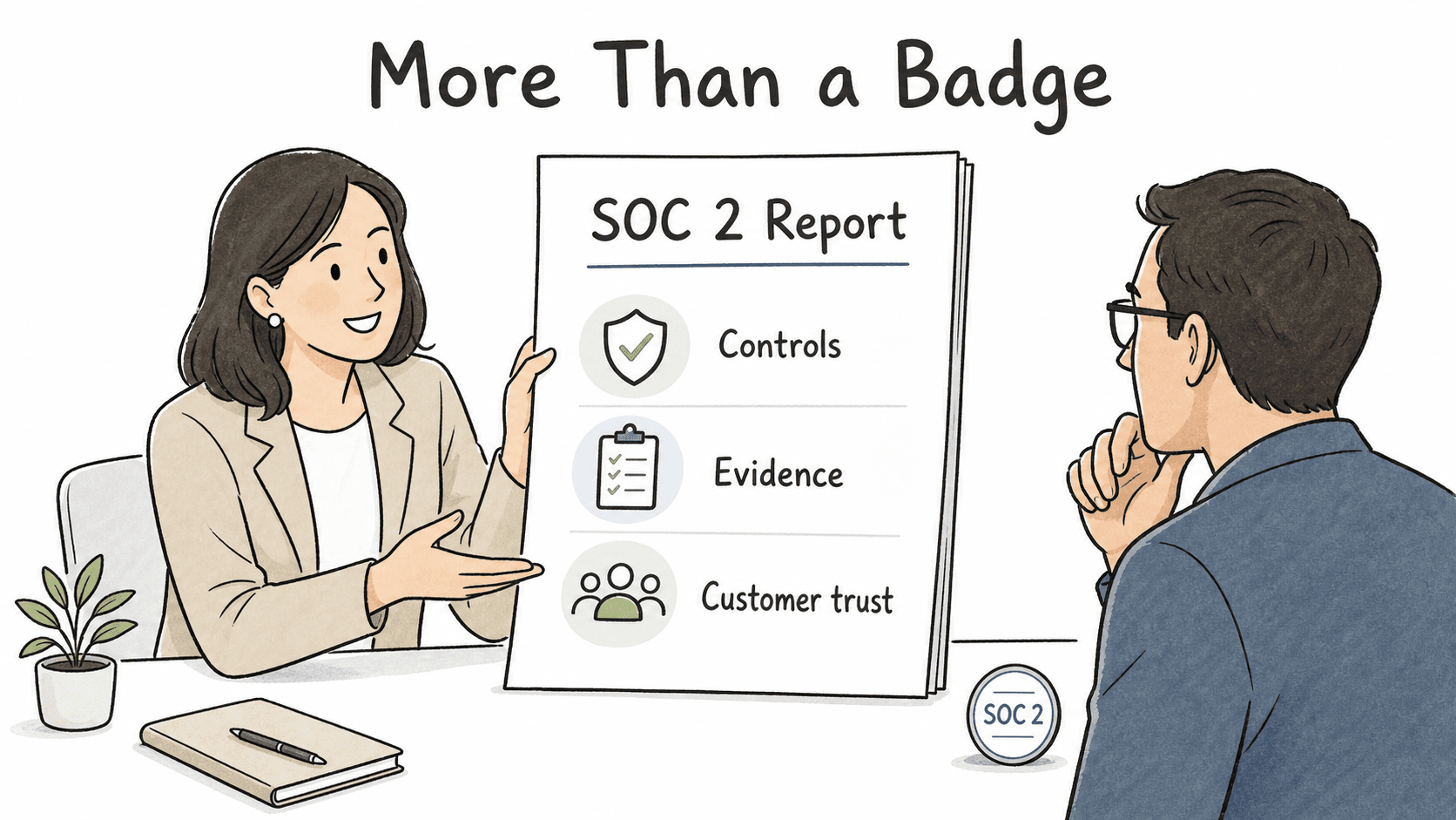 Diagram showing SOC 2 compliance as controls, evidence, commitments, and a CPA attestation report.