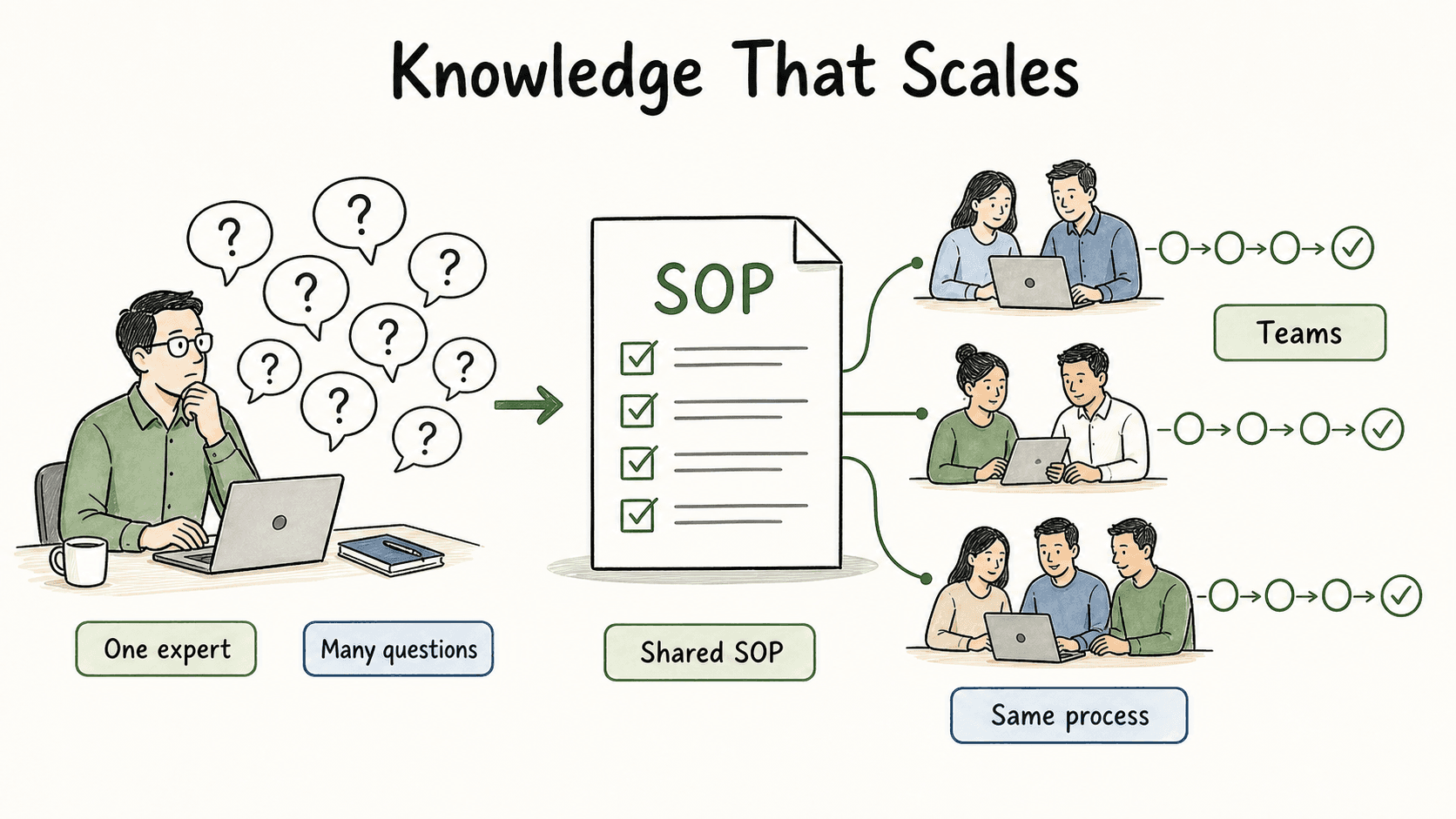 Diagram showing business SOP benefits such as consistency, training, handoffs, audits, and knowledge retention.