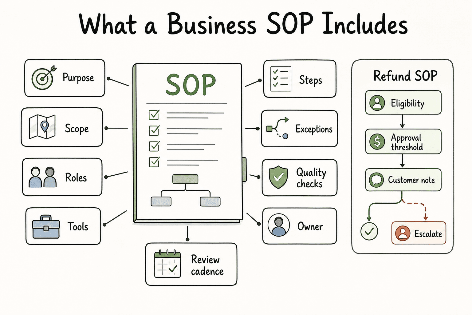 Diagram showing common business SOP components including purpose, scope, roles, steps, exceptions, and review cadence.