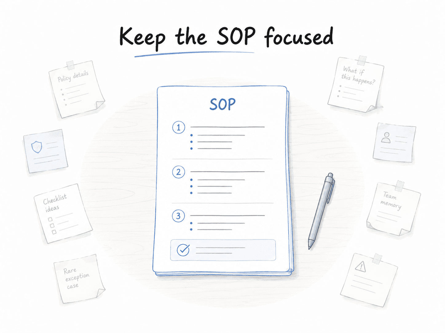 Diagram showing a focused SOP keeping related policy details, checklist ideas, and rare exceptions from crowding the procedure.