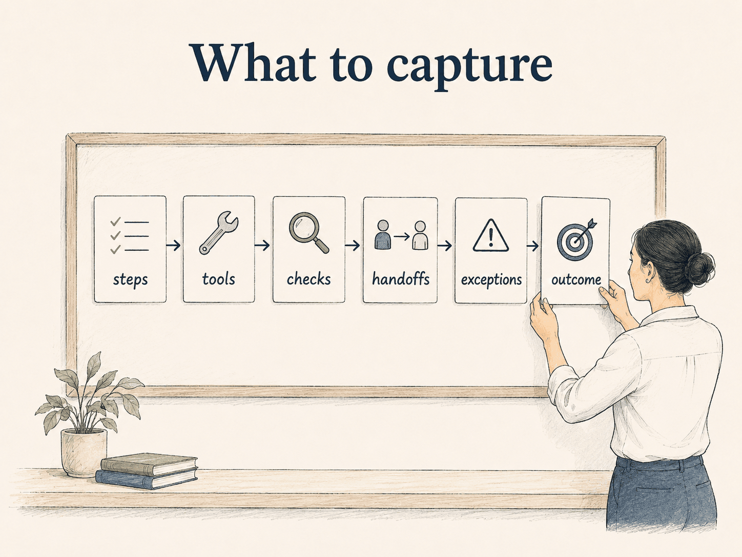 Illustration showing standard work capturing sequence, tools, checks, handoffs, exceptions, and intended outcome.